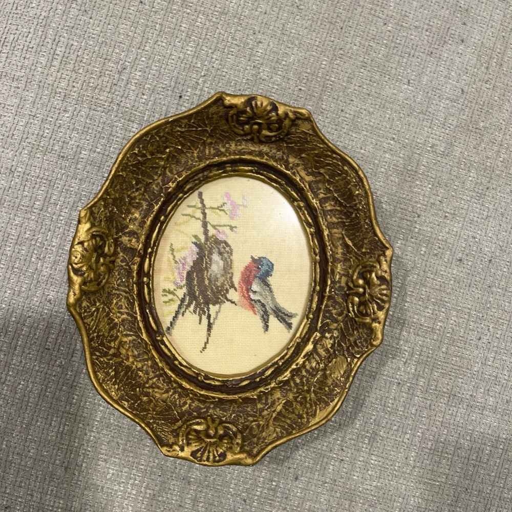 Gold Oval Decorative Frame with Bird Needlepoint Art - Picture 2 of 5